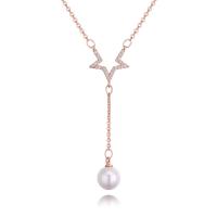 Brass Necklace, with ABS Plastic Pearl, Star, plated, oval chain & micro pave cubic zirconia & for woman nickel, lead & cadmium free Approx 17.7 Inch 