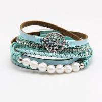 PU Leather Bracelet, with Plastic Pearl & Zinc Alloy, Tree, silver color plated, multilayer & folk style & with rhinestone & hollow Approx 14 Inch 