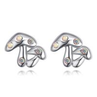 Rhinestone Brass Stud Earring, mushroom, silver color plated, for woman & with rhinestone lead & cadmium free 