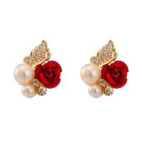 Zinc Alloy Stud Earring, with Plastic Pearl, Rose, gold color plated, for woman & with rhinestone 