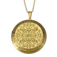 Fashion Locket Necklace, Stainless Steel, with 2Inch extender chain, Flat Round, gold color plated, oval chain & for woman 2mm, Inner Approx 30mm Approx 17 Inch 