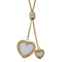 Stainless Steel Sweater Chain Necklace, with Rhinestone Clay Pave & White Shell, Heart, gold color plated, box chain & for woman  2.5mm Approx 23 Inch 