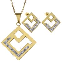 Rhinestone stainless steel Jewelry Set, earring & necklace, with Rhinestone Clay Pave, Rhombus, gold color plated, oval chain & for woman 1.5mm Approx 17 Inch 