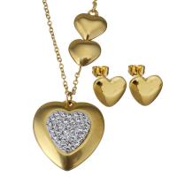 Stainless Steel Jewelry Set, earring & necklace, with Rhinestone Clay Pave, Heart, gold color plated, oval chain & for woman 1.5mm Approx 18 Inch 