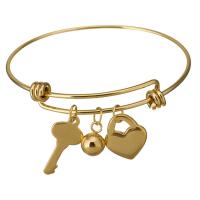 Stainless Steel Bangle, heart and key, gold color plated, for woman  1.5mm, Inner Approx 63mm 