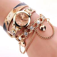 Wrap Watch, Leather, with Glass & Zinc Alloy, gold color plated, waterproofless & for woman &  & with rhinestone 9mm Approx 22 Inch 