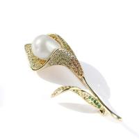 Brass Brooch, with Shell Pearl, Flower, real gold plated, micro pave cubic zirconia & for woman 