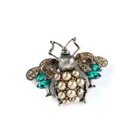 Brass Brooch, with Shell Pearl, Bee, antique brass color plated, micro pave cubic zirconia & for woman 