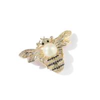 Brass Brooch, with Shell Pearl, Bee, real gold plated, micro pave cubic zirconia & for woman & enamel 
