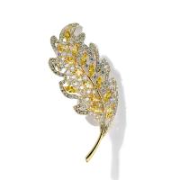 Brass Brooch, Leaf, real gold plated, micro pave cubic zirconia & for woman & hollow 