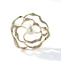 Brass Brooch, with Shell Pearl, Flower, plated, micro pave cubic zirconia & for woman & hollow 