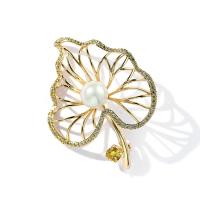 Brass Brooch, with Shell Pearl, Maple Leaf, real gold plated, micro pave cubic zirconia & for woman 