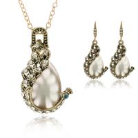 Zinc Alloy Jewelry Set, earring & necklace, with Cats Eye, Peacock, antique gold color plated, oval chain & for woman & with rhinestone  Approx 17 Inch 