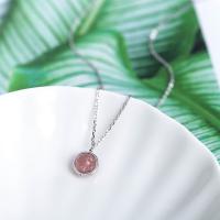 925 Sterling Silver Necklace, with Strawberry Quartz, with 2.16lnch extender chain, platinum plated, oval chain & for woman Approx 16.1 Inch 