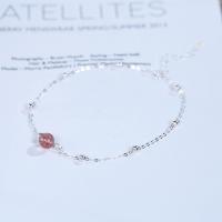 925 Sterling Silver Anklet, with Strawberry Quartz, with 1.18lnch extender chain, platinum plated, oval chain & for woman, 6mm Approx 6.3 Inch 