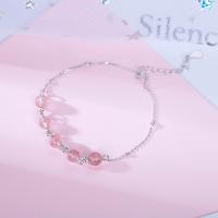 925 Sterling Silver Bracelet, with Strawberry Quartz, with 1.18lnch extender chain, platinum plated, oval chain & for woman, 5mm Approx 6.1 Inch 