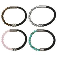 Stainless Steel Bracelet, with PU Leather & Gemstone & Unisex, original color, 6.5mm, 6mm Approx 8 Inch 