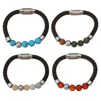 Stainless Steel Bracelet, with PU Leather & Gemstone & Unisex, original color, 10.5mm, 8mm Approx 8 Inch 