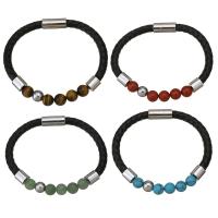 Stainless Steel Bracelet, with PU Leather & Gemstone & Unisex, original color, 8mm, 6mm Approx 8 Inch 