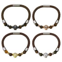 PU Leather Bracelet, with Tiger Eye & Brass, Skull, plated, Unisex & micro pave cubic zirconia 6mm Approx 8.5 Inch 