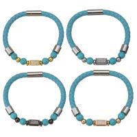 PU Leather Bracelet, with Synthetic Turquoise & Brass, plated, Unisex & micro pave cubic zirconia 6mm Approx 8.5 Inch 