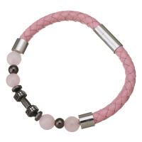 PU Leather Bracelet, with Rose Quartz & Brass, Barbell, plated, Unisex & micro pave cubic zirconia 6mm Approx 8.5 Inch 