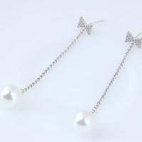 Brass Drop Earring, with ABS Plastic Pearl, platinum plated, for woman & with cubic zirconia, nickel, lead & cadmium free 