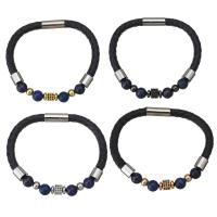 PU Leather Bracelet, with Lapis Lazuli & Brass, plated, Unisex & micro pave cubic zirconia 6mm Approx 8 Inch 