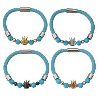 PU Leather Bracelet, with Synthetic Turquoise & Brass, Crown, plated, Unisex & micro pave cubic zirconia 6mm Approx 8.5 Inch 