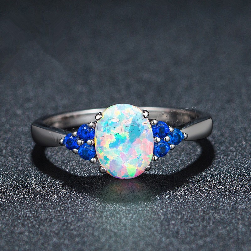 Brass Finger Ring, with Opal, platinum plated, different size for choice & for woman & with rhinestone, 6x8mm, Sold By PC