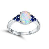 Brass Finger Ring, with Opal, platinum plated & for woman & with rhinestone 