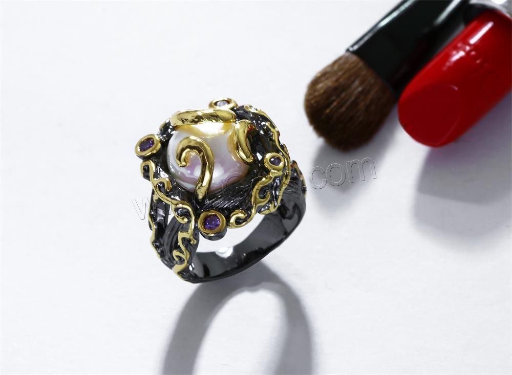 Brass Finger Ring, with Shell Pearl, plated, different size for choice & micro pave cubic zirconia & for woman, 23mm, Sold By PC