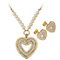 Stainless Steel Jewelry Set, Stud Earring & necklace, with Rhinestone Clay Pave & Glass Pearl, Heart, gold color plated, oval chain & for woman 5mm Approx 22 Inch 