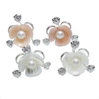 Brass Stud Earring, with Pink Shell & White Shell & Freshwater Pearl, Flower, platinum plated, for woman & with rhinestone nickel, lead & cadmium free 