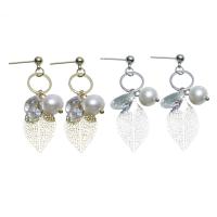 Brass Drop Earring, with Freshwater Pearl & Crystal, Leaf, plated, for woman & faceted nickel, lead & cadmium free 