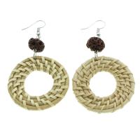 Rattan Drop Earring, with Wood, brass earring hook, Donut, woven pattern & for woman 