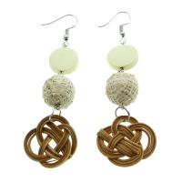 Rattan Drop Earring, with Wood, brass earring hook, Chinese Knot, woven pattern & for woman 