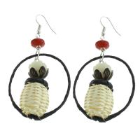 Rattan Drop Earring, with Wood, brass earring hook, woven pattern & for woman 