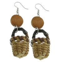 Rattan Drop Earring, with Wood, brass earring hook, Basket, woven pattern & for woman 