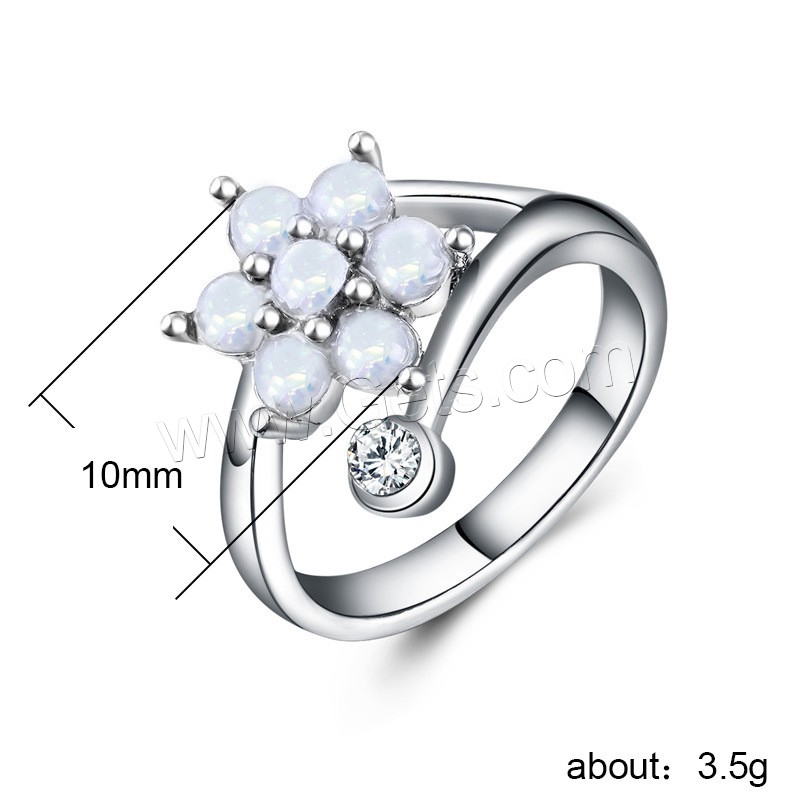 Zinc Alloy Finger Ring, with Opal, Flower, silver color plated, different size for choice & for woman & with rhinestone, more colors for choice, 10mm, Sold By PC