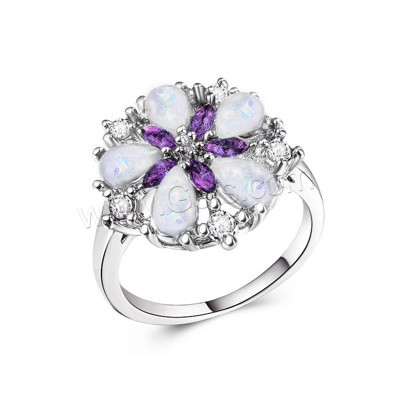 Zinc Alloy Finger Ring, with Opal, Flower, silver color plated, different size for choice & for woman & with rhinestone, more colors for choice, Sold By PC