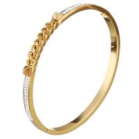 Stainless Steel Bangle, with Rhinestone Clay Pave, gold color plated, chain texture & for woman, 5mm, Inner Approx 