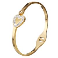 Stainless Steel Cuff Bangle, with Rhinestone Clay Pave, Heart, gold color plated, for woman & with rhinestone, 15mm, Inner Approx 