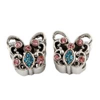 Rhinestone Zinc Alloy European Beads, Butterfly, antique silver color plated, without troll & with rhinestone, lead & cadmium free Approx 5mm 