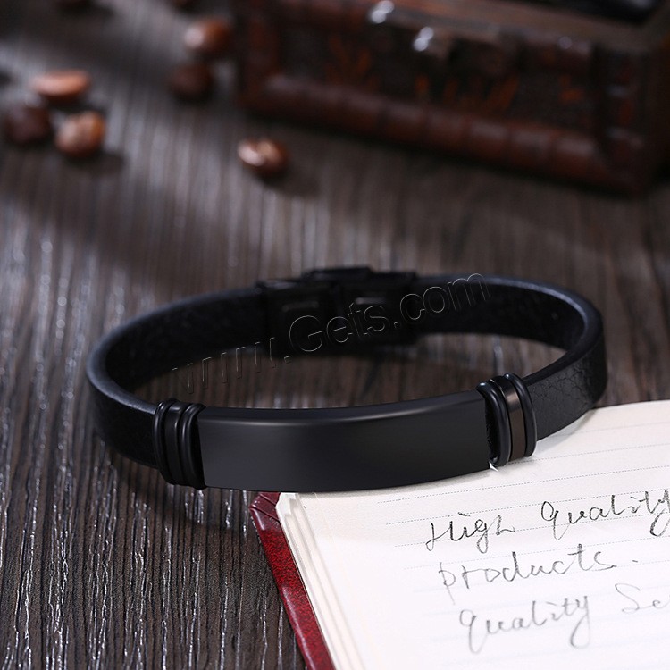Titanium Steel Bracelet, with Leather, black ionic, Unisex & different size for choice, 12mm, 41mm, Length:Approx 8 Inch, Approx  8.2 Inch, Approx  8.5 Inch, Sold By Strand