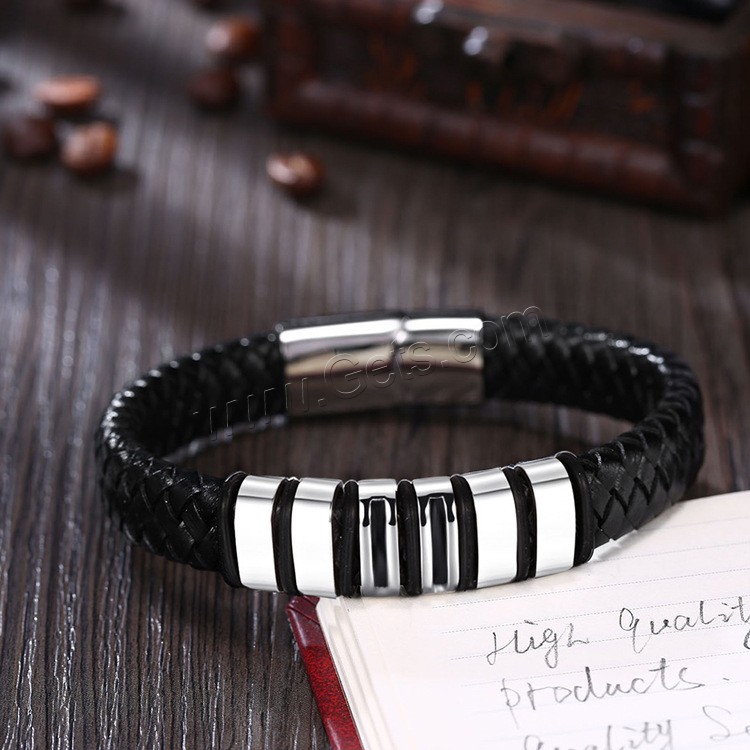 Titanium Steel Bracelet, with Leather, plated, different size for choice & for man, 15mm, 44mm, Length:Approx 7.2 Inch, Approx  7.8 Inch, Approx  8.5 Inch, Sold By Strand