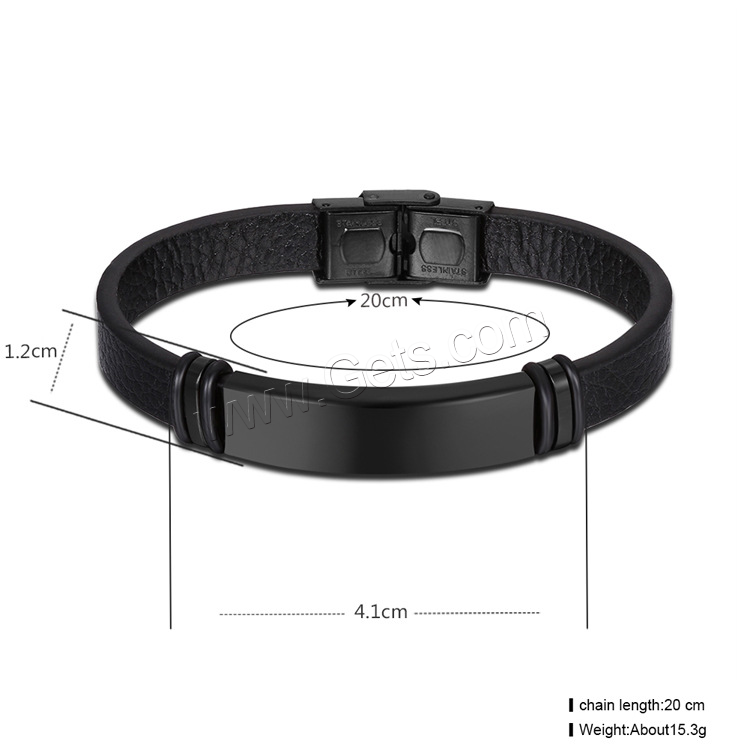 титан браслет, с Кожа, черный покрытием, Мужская & разный размер для выбора, 12mm, 41mm, длина:Приблизительно 8 дюймовый, Приблизительно  8.2 дюймовый, Приблизительно  8.5 дюймовый, продается Strand