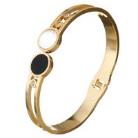 Stainless Steel Bangle, with White Shell & Resin, Flat Round, gold color plated, for woman & with rhinestone 8mm, Inner Approx 