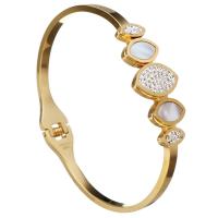 Stainless Steel Bangle, with Rhinestone Clay Pave & White Shell, gold color plated, for woman, 17mm, 4mm, Inner Approx 