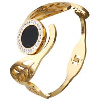 Stainless Steel Bangle, with Rhinestone Clay Pave & Resin, Leaf, gold color plated, for woman, 28mm, Inner Approx 